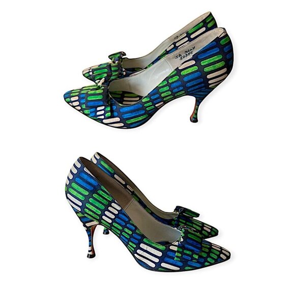 Vintage Herbert Levine Pumps |1960s Mod| Blue Green Geometric, Bow | Size 5.5A - Picture 14 of 14